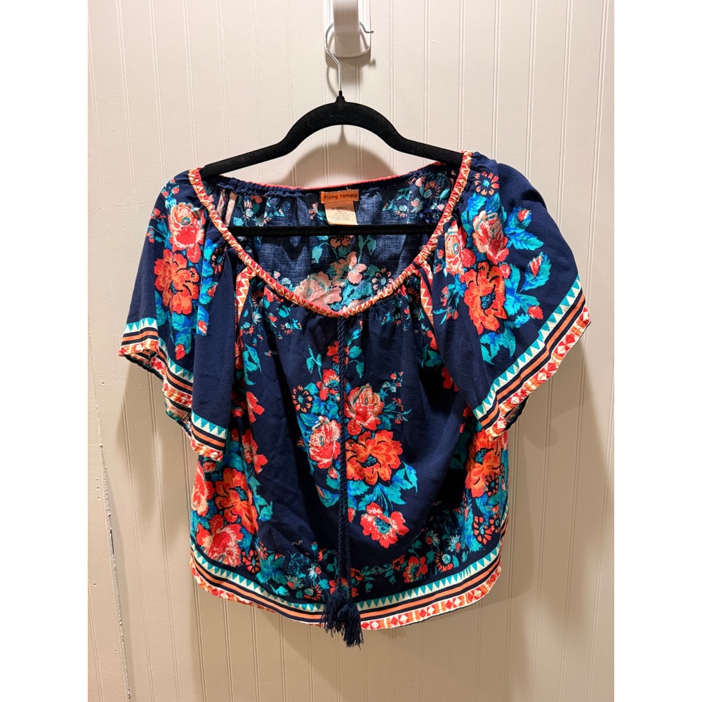 Flying Tomato Floral Tassel Peasant Blouse Navy Boho Rayon Top XS IT 9532-TJ